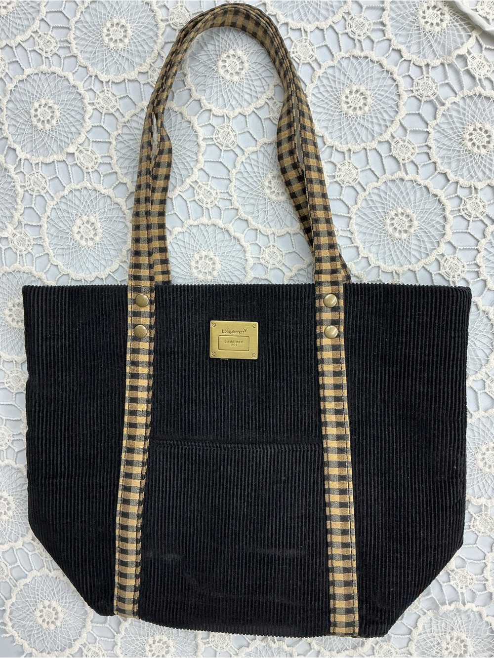 Longaberger Black Corduroy Homestead Tote with Tan Checkered Straps